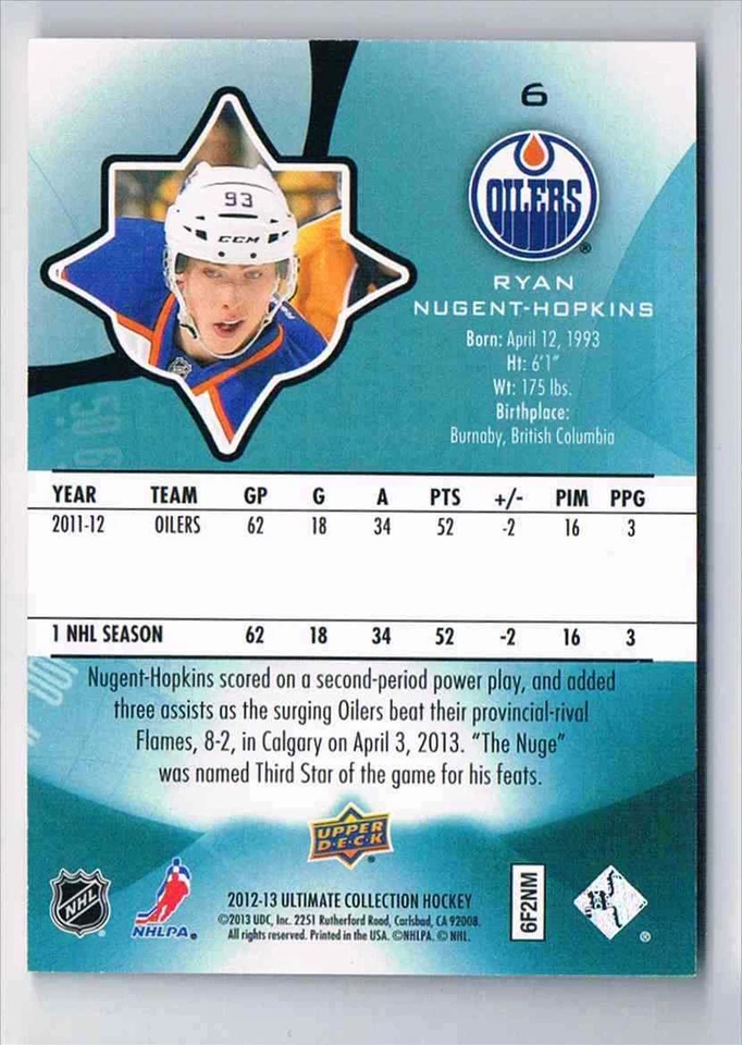 2012-13 ULTIMATE COLLECTION RYAN NUGENT-HOPKINS 352/399 EDMONTON OILERS #6 - Image 2 of 2