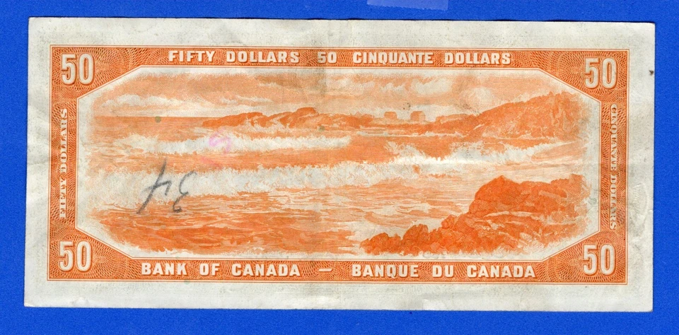 CANADA $50 1954 BC-34a / P-71a  QE II Circulated DEVIL'S FACE 👿   A/H 0918395 - Image 2 of 3