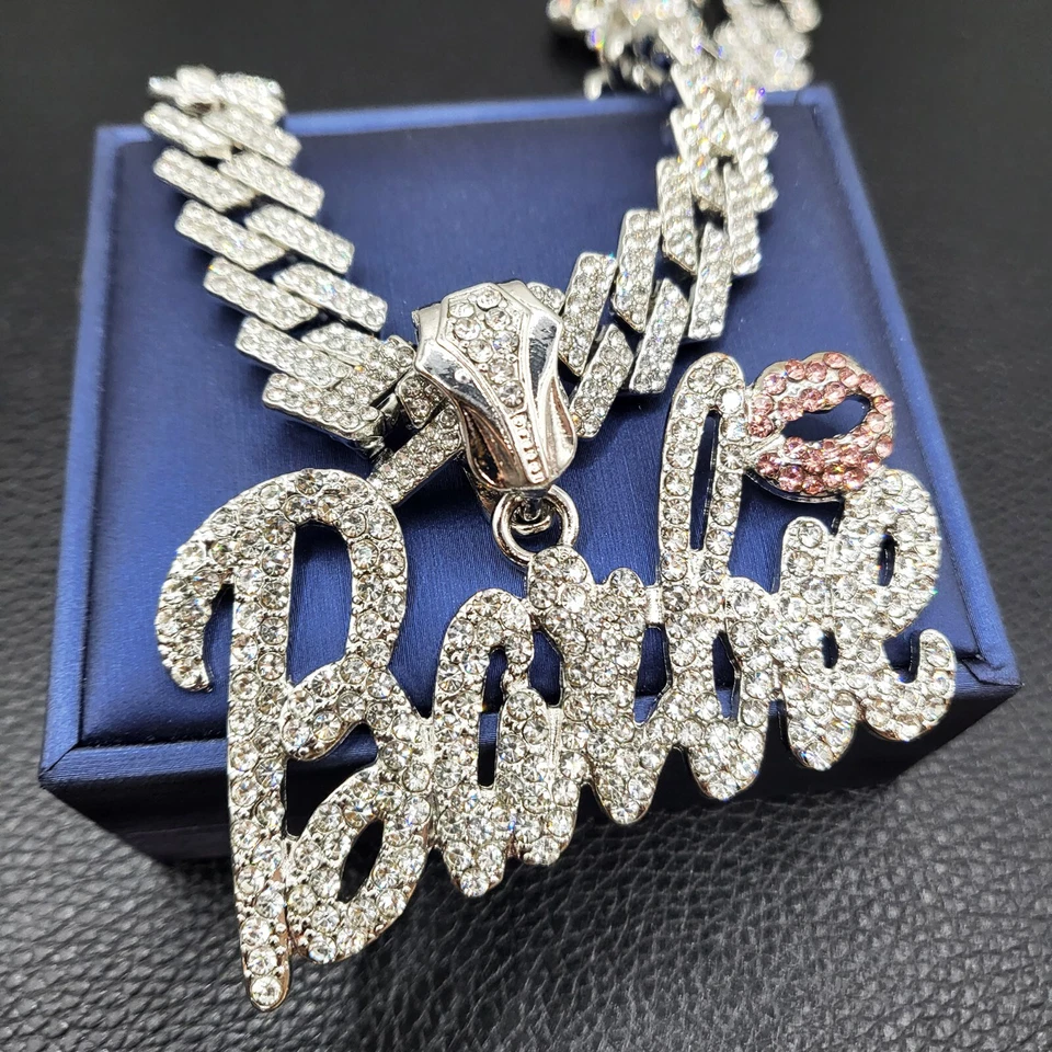 Mujeres Plateado Barbie Bling Dije Circonita Cúbica Helada Collar Cadena Cubana Foto 3 de 4