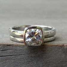 2Ct Cushion Cut Cubic Zirconia Bezel Set Engagement Ring Set 925 Sterling Silver