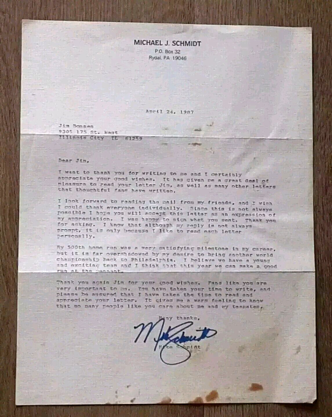 MIKE SCHMIDT AUTOGRAPHED SIGNED 4/24/87 LETTER WITH 500TH CAREER HR CONTENT