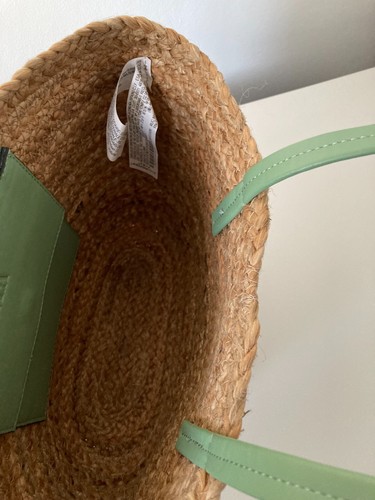 ZARA small JUTE basket TOTE BAG green pu leather handles pocket green NEW - Picture 15 of 19