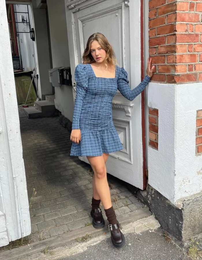 NWT GANNI Stretch Seersucker Check Mini Dress Black/Blue