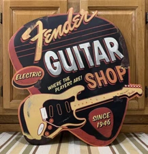 Fender Guitar Shop Sign Electric Metal Vintage Style Pick Guard String Band