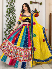 Yellow Indian Heavy Muslin Cotton Lehenga Choli Digital Print Garba Dress Set
