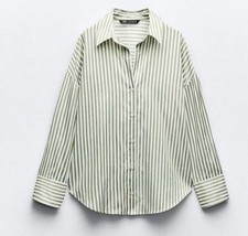 ZARA Green and White Striped Poplin Shirt Sz S NWT