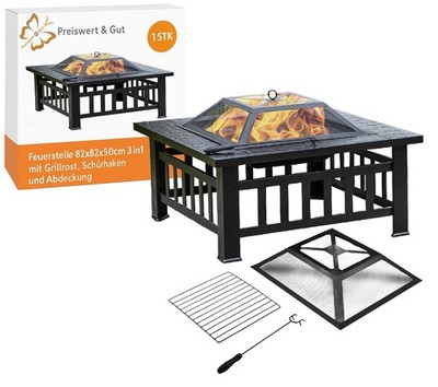 Feuerstelle 3in1 82x82x50 mit Abdeckung - Grillrost Feuerschale 80cm BBQ Grill