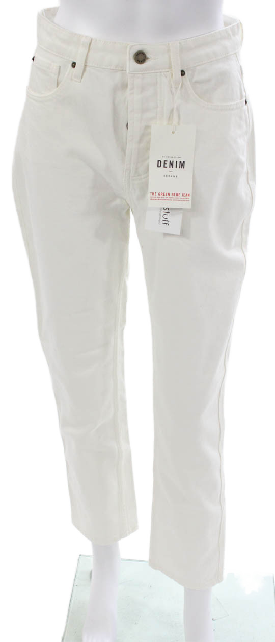 Sezane Women Straight Jeans White High Rise Cotton Button 28in Size 38Free Shipping in US $100+ Orders | $6.95 Orders Below