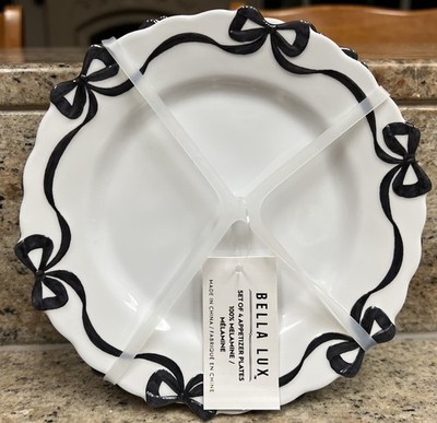 Bella Lux Black Bow Edge MELAMINE Appetizer Plates / Snack Plate Set 4