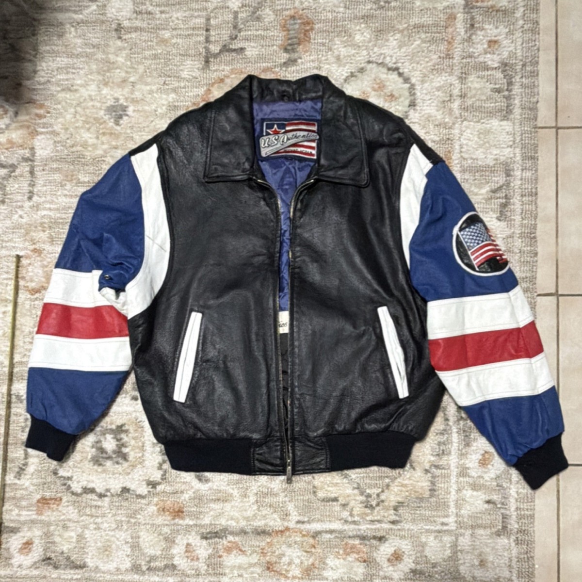 Michael Hoban Leather Bomber Jacket USA Flag Full Zip Men's Medium