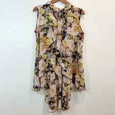 Cha Cha Vente Black Sheer Daisy Floral Sleeveless Blouse Top Sz Medium Scarf Bow