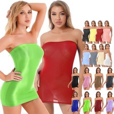 Women's Solid Color Strapless Tube Dress Glossy Stretchy Bodycon Mini Nightwear