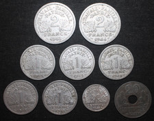 Vichy France 9 Coin Lot 1942 1943 1944 20 50 Centimes 1 2 Francs WWII WW2 French