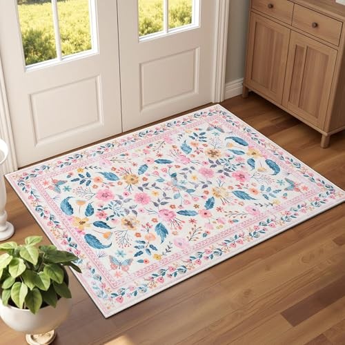 2x3 Pink Floral Area Rug for Entryway,Boho Machine Washable Throw Rugs with - Picture 1 of 6