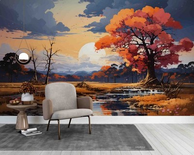 3D Sunset Landscape Illustration Wall Murals Wallpaper Murals Wall Sticker