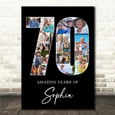 Photo Collage 70th Birthday Gift For Her 16-Photo Age 70 Black Print Or Canvas