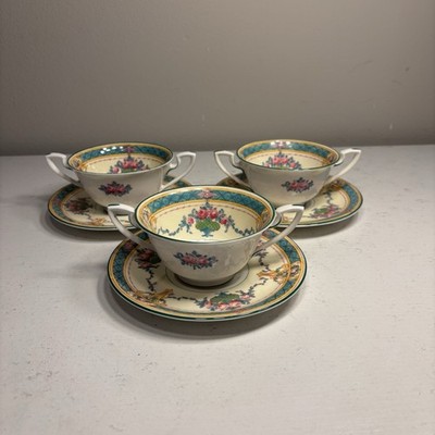 Royal Worcester Melba Turquoise Band Footed Bouillon Cup & Saucer 1915 Set Of 3