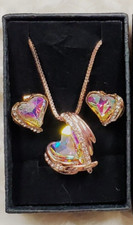 3 Pc Necklace Earring Set ROSE GOLD IRIDESCENT Heart Multicolor Valentine's Box