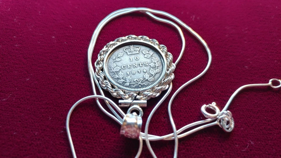 Raro colgante Victoria de plata canadiense .925 de 1874 en cadena de plata italiana 925 de 18" Foto 3 de 4