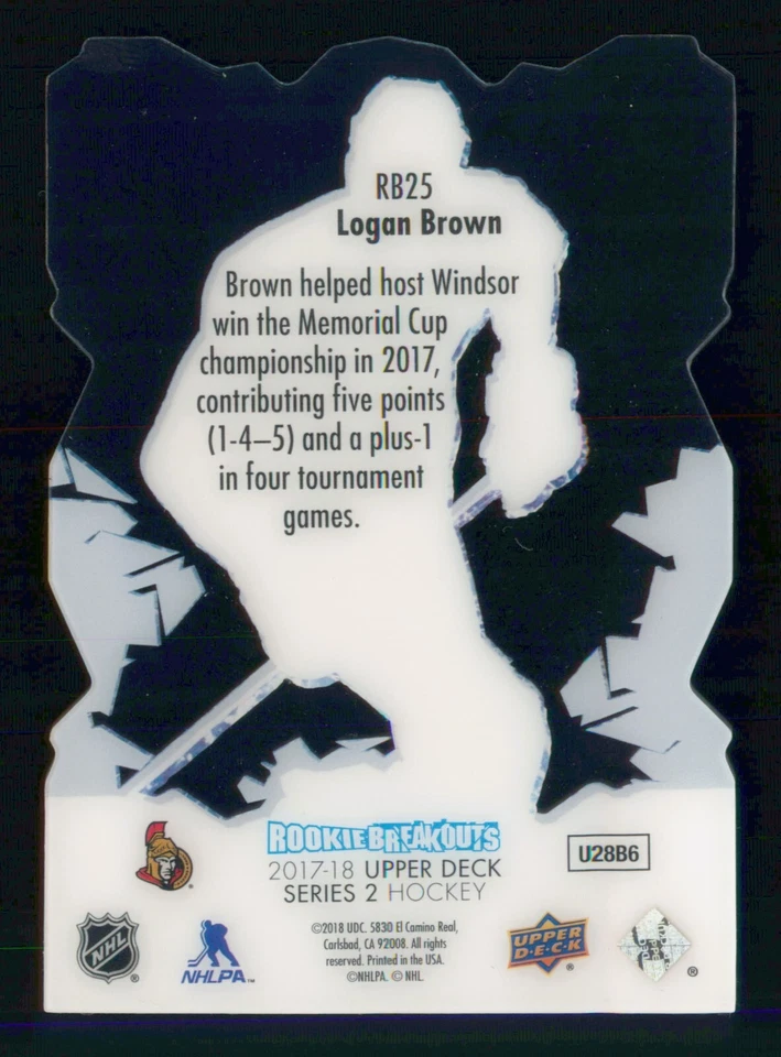 LOGAN BROWN 2017-18 UPPER DECK ROOKIE BREAKOUTS 17-18 NO RB25 #064/100      3223 - Image 2 of 2