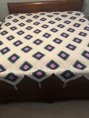 Vintage Handmade Crochet Afghan Blanket Spread 86 X 88'' Granny Style Purple