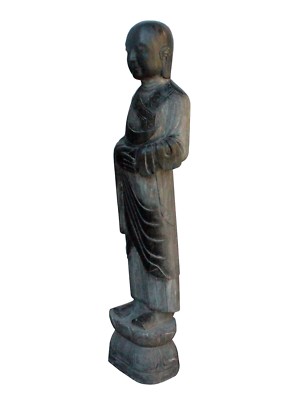 Chinese Black Gray Stone Carved Standing Monk Lohon Statue cs3627S Chinese Black Gray Stone Carved Standing Monk Lohon Statue cs3627S