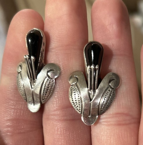 VTG F. PICHARDO TAXCO Black Onyx STERLING SILVER Corn Husk EARRINGS SIGNED - Picture 3 of 11