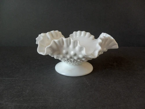 Fenton 8" Round White Hobnail Ruffled Pedestal Bowl Candy Dish Compote Vintage