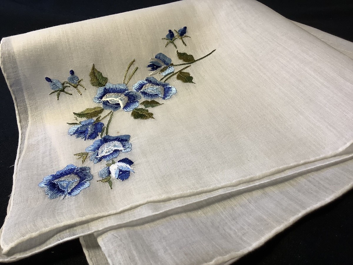 å°ç© 1900s Hand Embroidery Handkerchief 8156ðPREMIUM Vintage Swiss Floral Shiny Bridal Blue