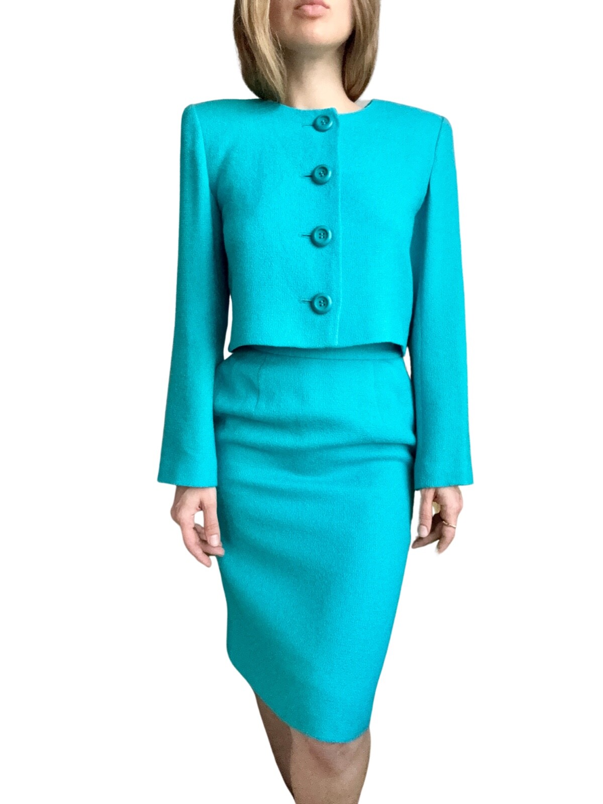 Gonna Giacca Yves Saint Laurent Vintage Taglia Small Blu Verde