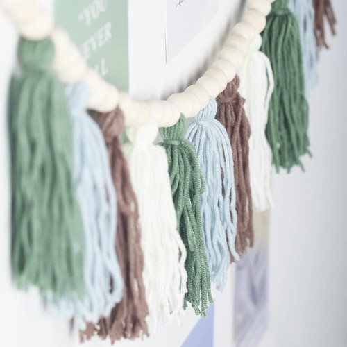 Tassel Garland with Wood Beads Boho Cotton Tassel Banner Wall Hangings Decor - Picture 6 of 7