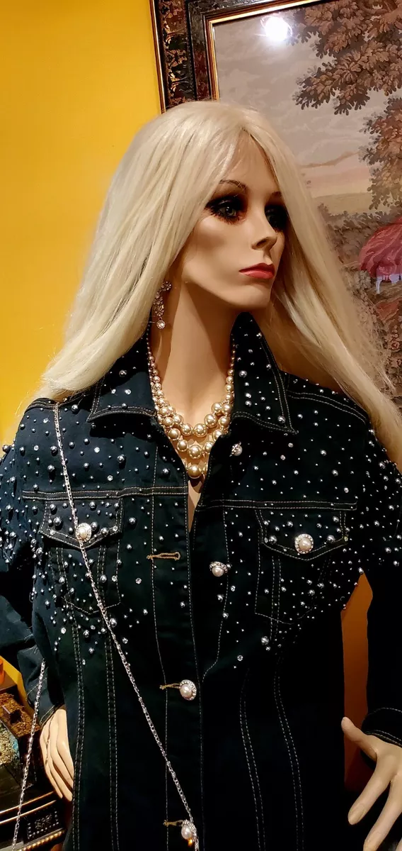 Denim jacket with pearls and rhinestones cheap