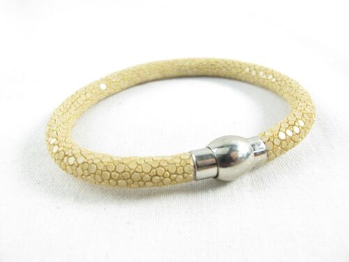 Genuine Polished Stingray Skin Cuff Bracelet Magnetic Lock Beige + Free Shipping - Picture 1 of 2