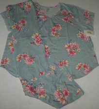 NWT Flora Nikrooz Soft Blue/Pink FLORAL Stretch Knit Pajama/Lounge Set 2X LACE