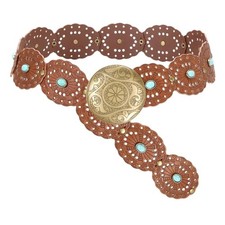 Wide Western Disc Belt with Turquoise Women Fits Waist 38"-45" 01-brown