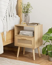 Rattan Nightstand, Small Night Stand, Side Table with Drawer Open Shelf, Cane...