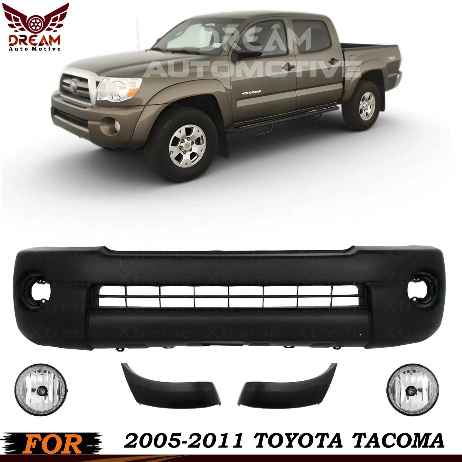 Front Bumper Cover Primed Plastic & Fog Lights Kit For 2005-2011 Toyota Tacoma
