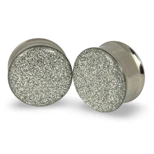 Embedded Silver Glitter Steel Double Flare Plugs gauges pair