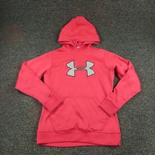 Under Armour Hoodie Youth Medium Pink Fleece Pullover Kangaroo Pocket Logo