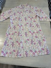 Miss Elaine Robe Womens Large White Pink Floral Quilted Zip Front Housecoat