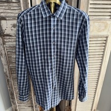 Mens BAR III Slim Fit Stretch Plaid Blue Button Down Dress Shirt 15  34/35