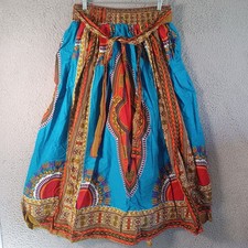 African Print Womens Multicolor Maxi Skirt One Size Fits All Waist Tie Slit Belt