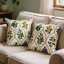 Spring Summer Floral Embroidered Decorative Throw Pillow Cover 18"x 18" Set o...