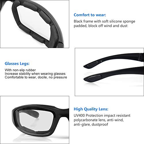 3 Pair Motorcycle Riding Glasses Padding Goggles UV 3 Pairs Glasses/Clear - Picture 4 of 7