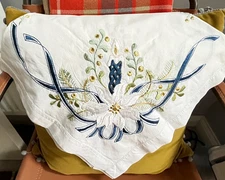 Vintage Blue Green Gold Hand Embroidered Christmas White Linen Tablecloth