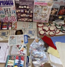 Vintage Lot of Assorted Cross Stitch Patterns, Fabric Thread, Embroidery Craft