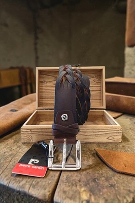 Pierre Cardin Gürtel Handgeflochten Echtleder Gebürsteter Brombeerkopf 125 cm