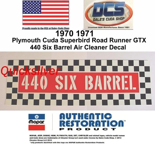 1970 71 Plymouth Superbird Road Runner GTX 440 Six Barrel Air Cleaner Decal USA