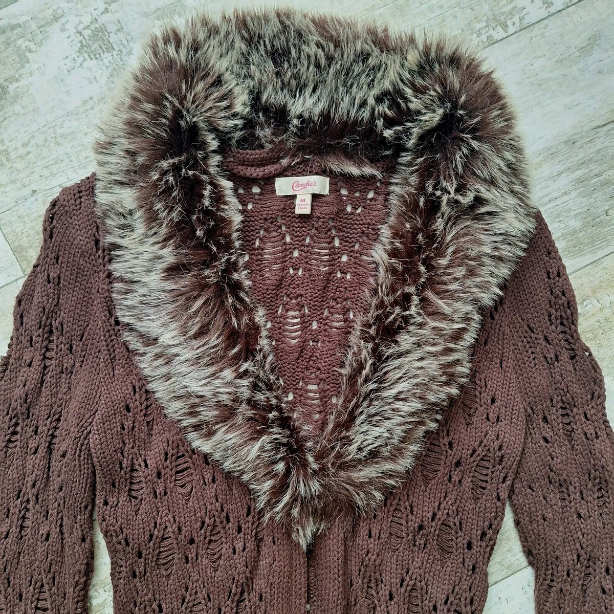 Y2K Cable Knit Sweater M Brown Faux Fur Trim Open Front Cardigan
