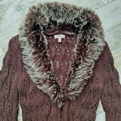 Y2K Cable Knit Sweater M Brown Faux Fur Trim Open Front Cardigan